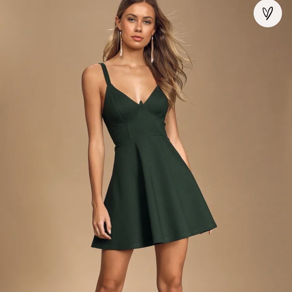 Lulu's Win Me Over Forest Green Sleeveless Bustier Skater Dress